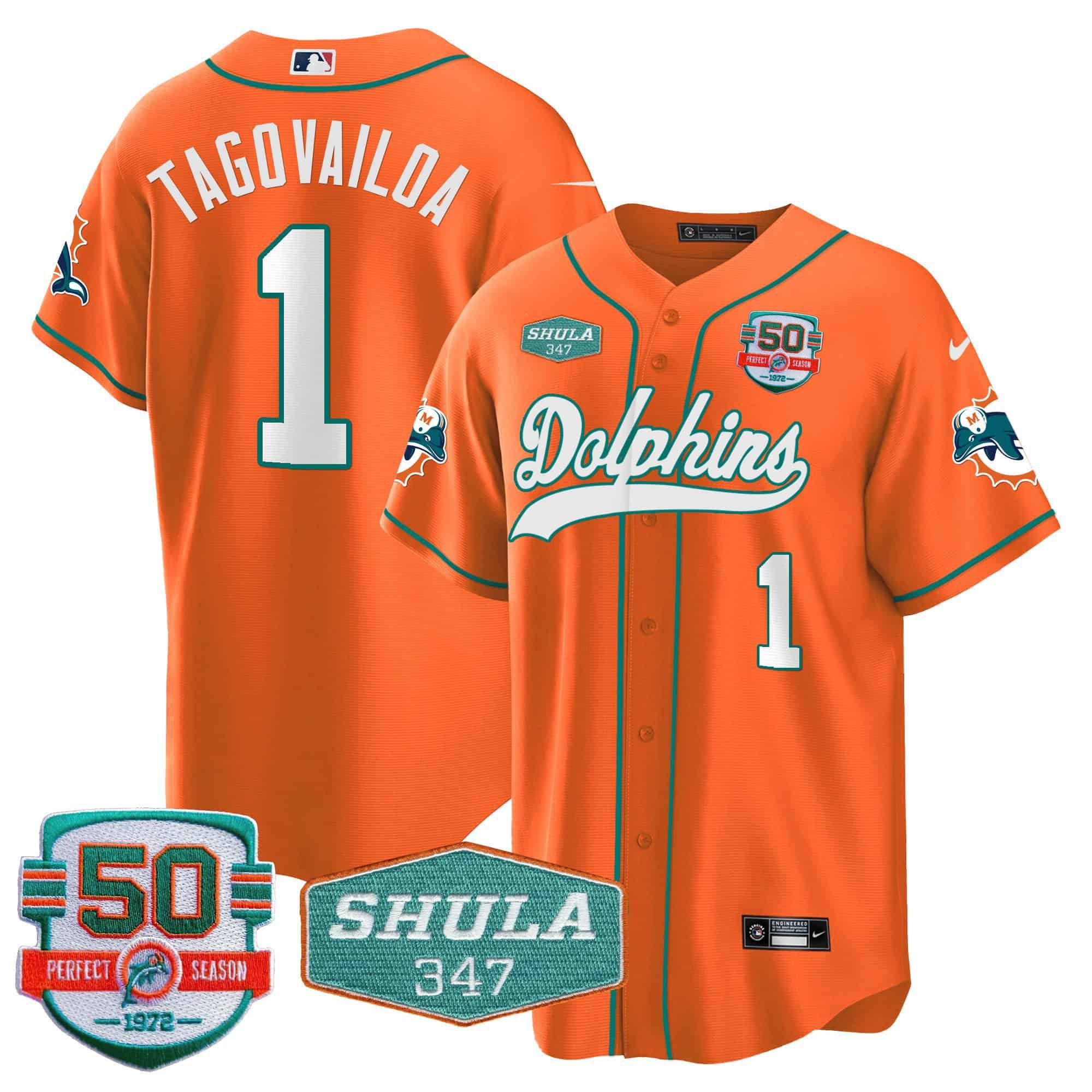Men Miami Dolphins #1 Tagovailoa Orange 2024 Nike 50th Don Shula Memorial Patch Baseball NFL Jersey
